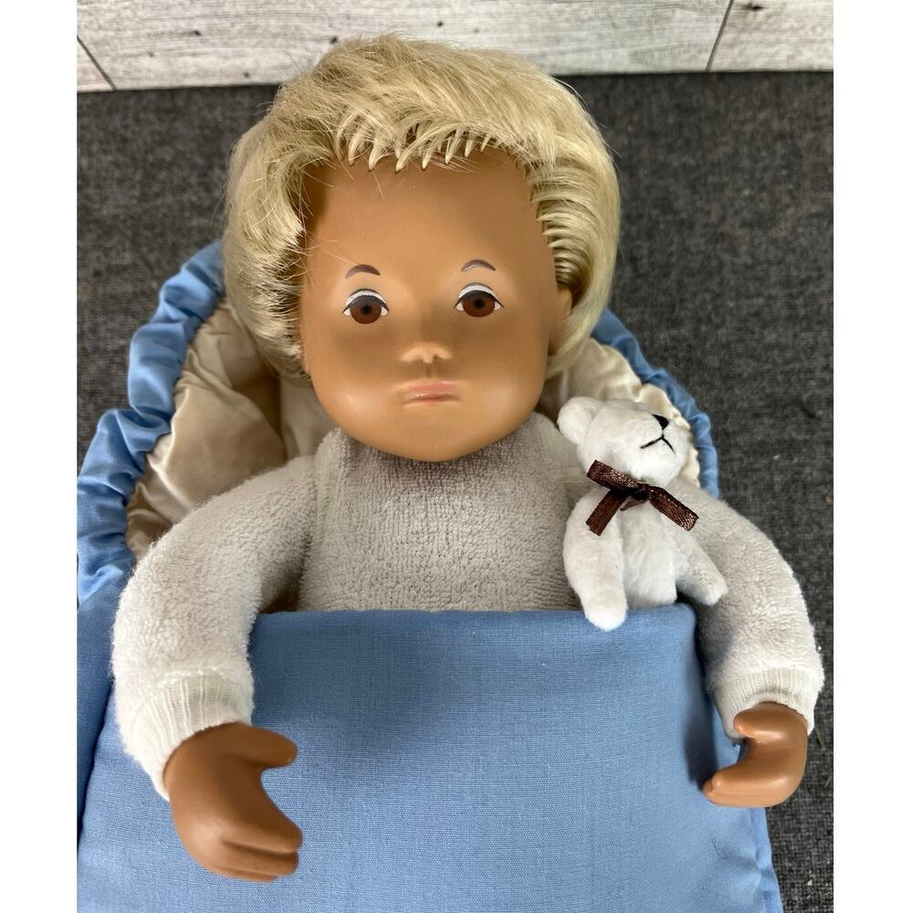 SASHA DOLL BABY Nest Blonde Hair Blue Sleeper Teddy Bear Set 12in